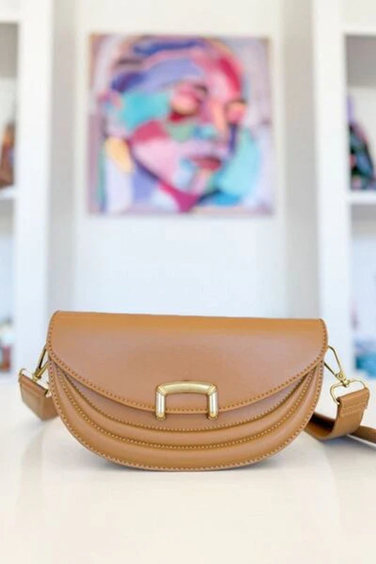 Fame Crescent Crossbody Bag with Buckle Closure in Faux Leather