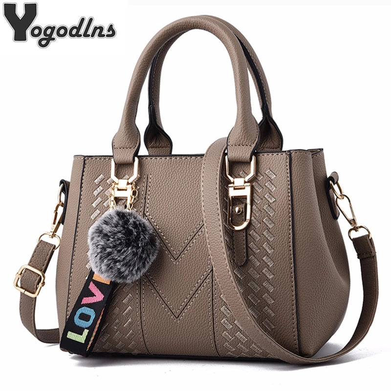 Luxury Yogodlns Embroidered Messenger Bag – Women's Leather Handbag with Cute Hair Ball Charm